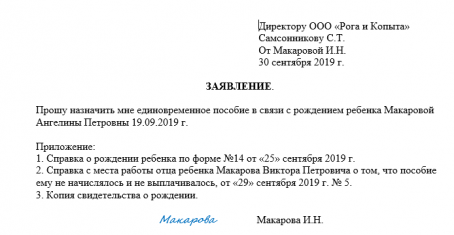 Заявление на единовременное пособие при рождении ребенка в 2022 году образец заполнения